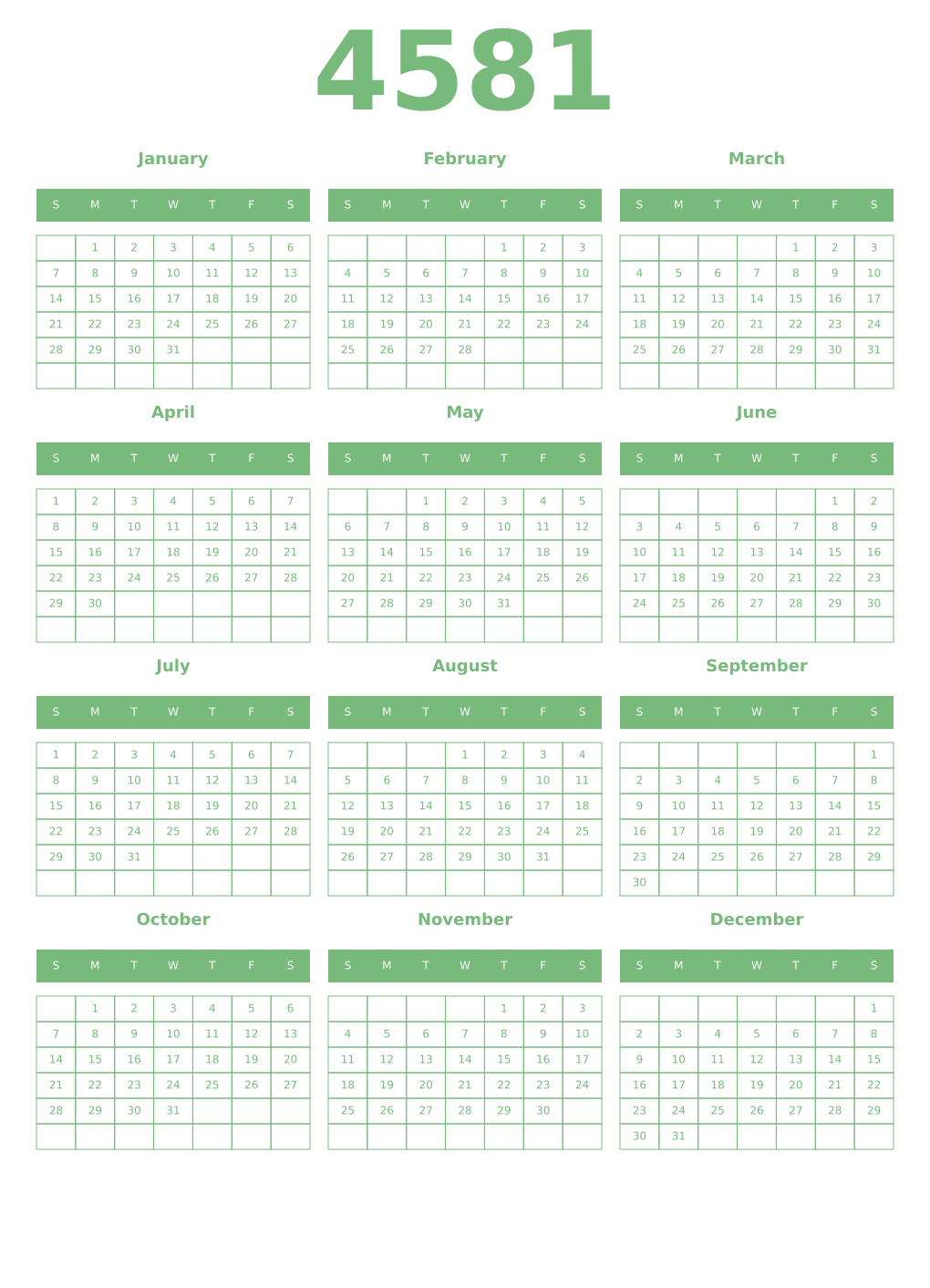 Printable 4581 Year Calendars celadon