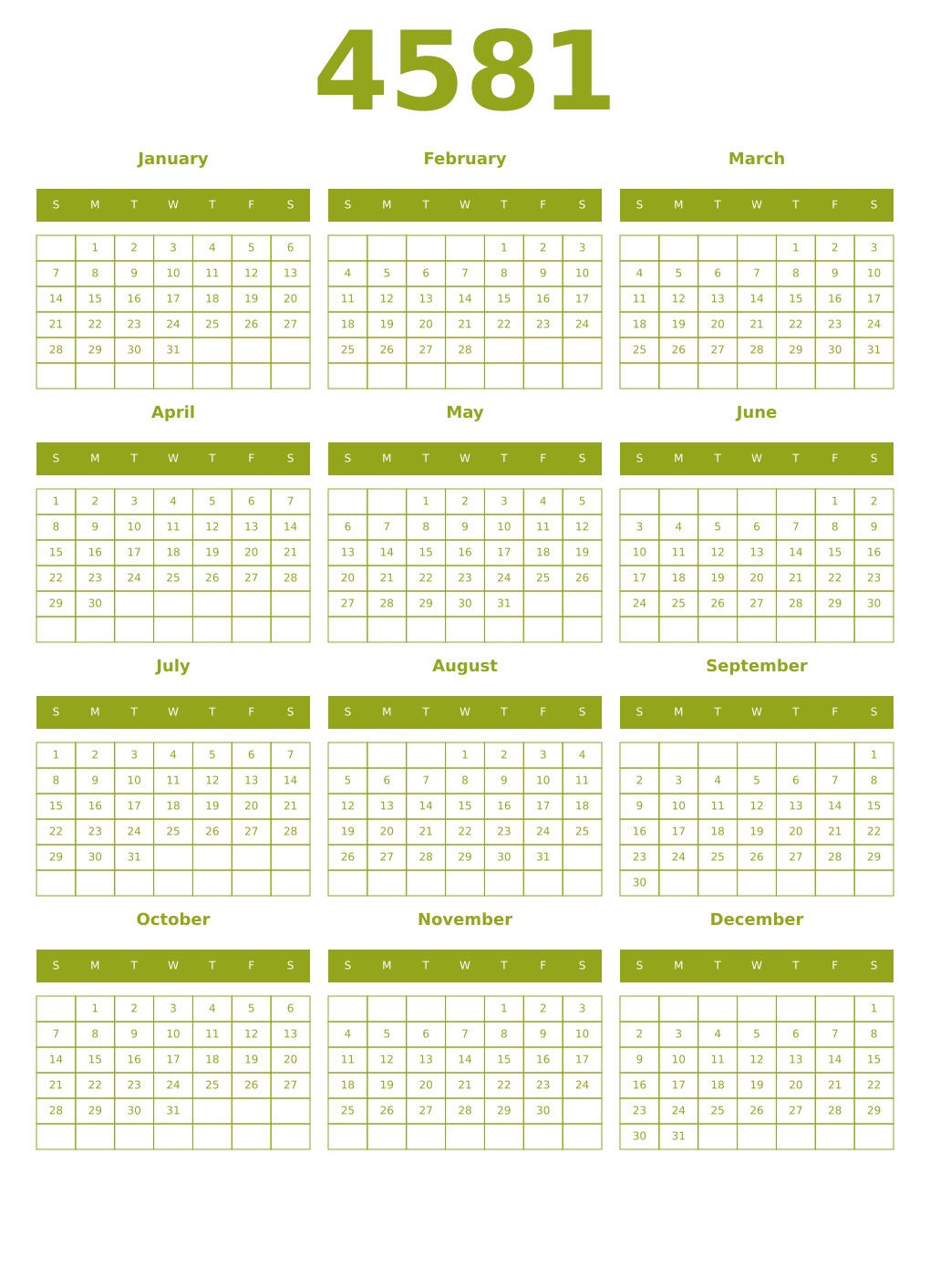 Printable 4581 Year Calendars chartreuse