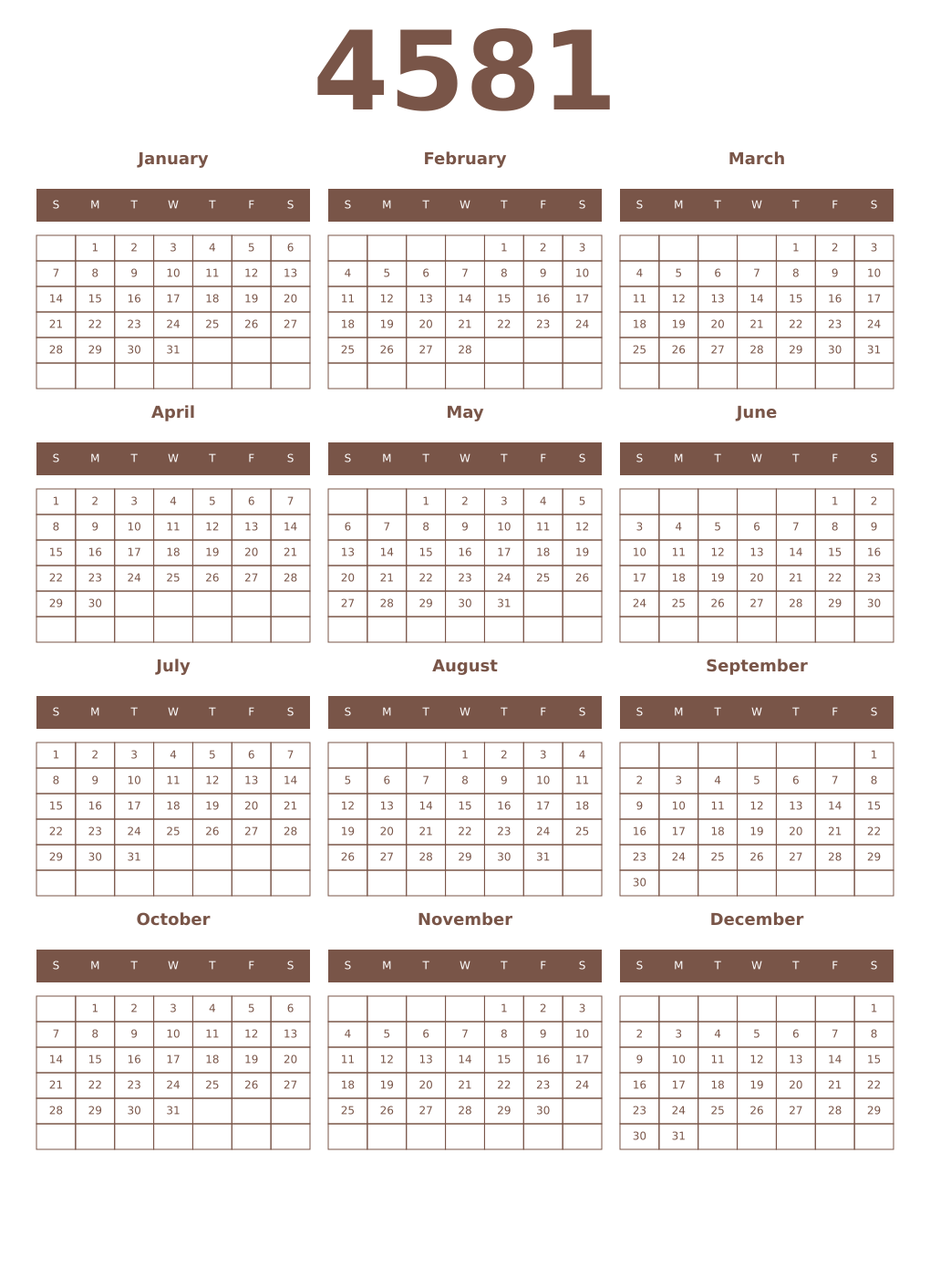 Printable 4581 Year Calendars coffe