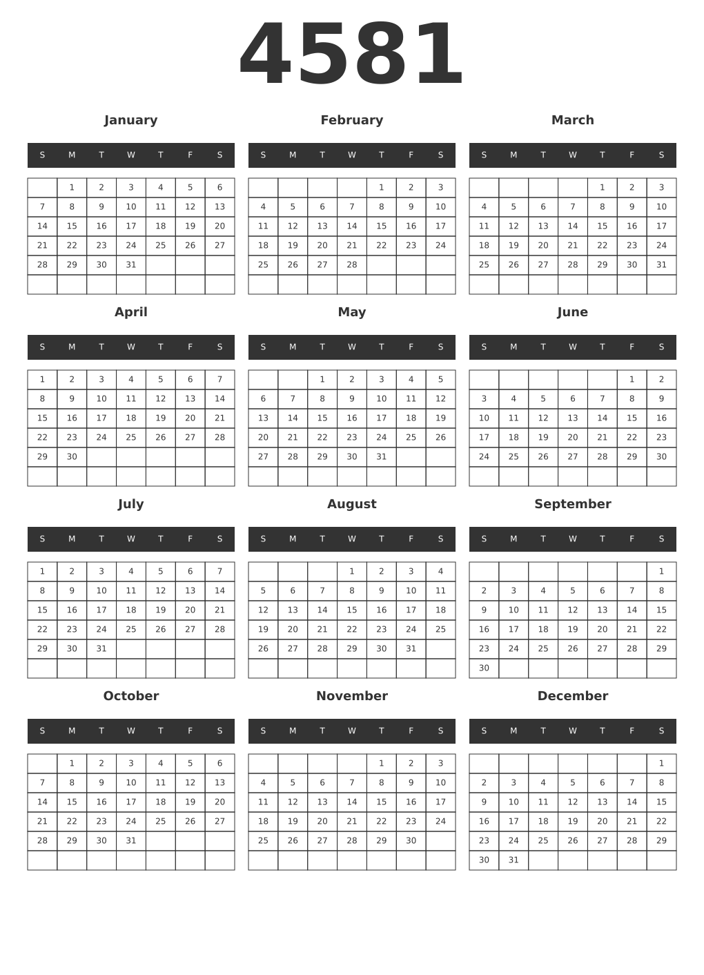 Printable 4581 Year Calendars dark