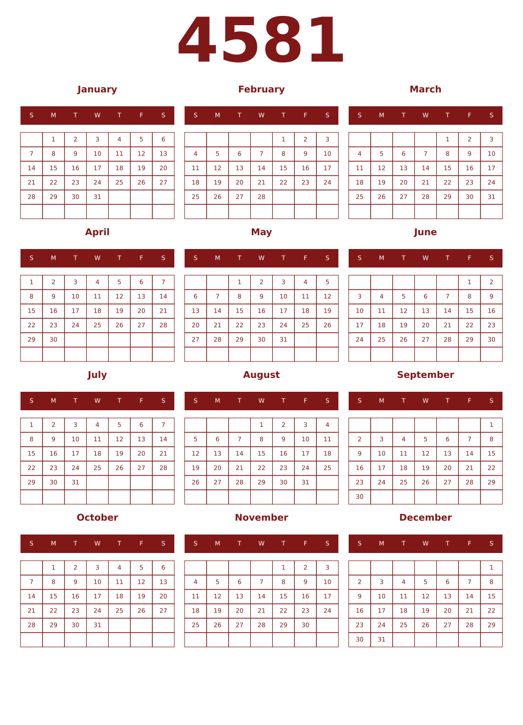 Printable 4581 Year Calendars falu