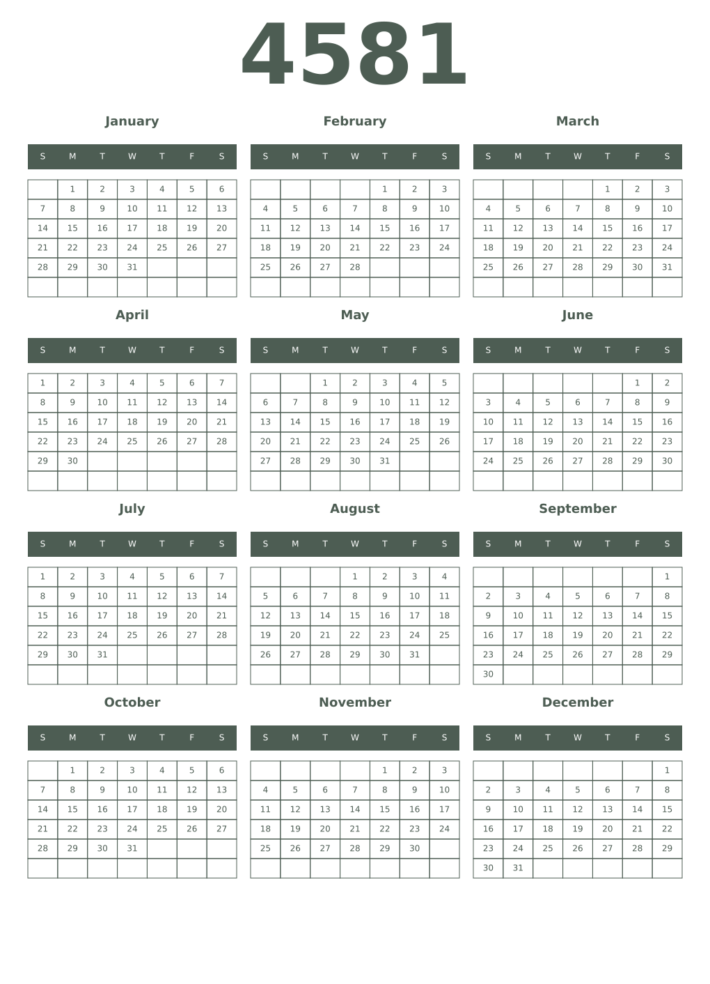 Printable 4581 Year Calendars feldgrau