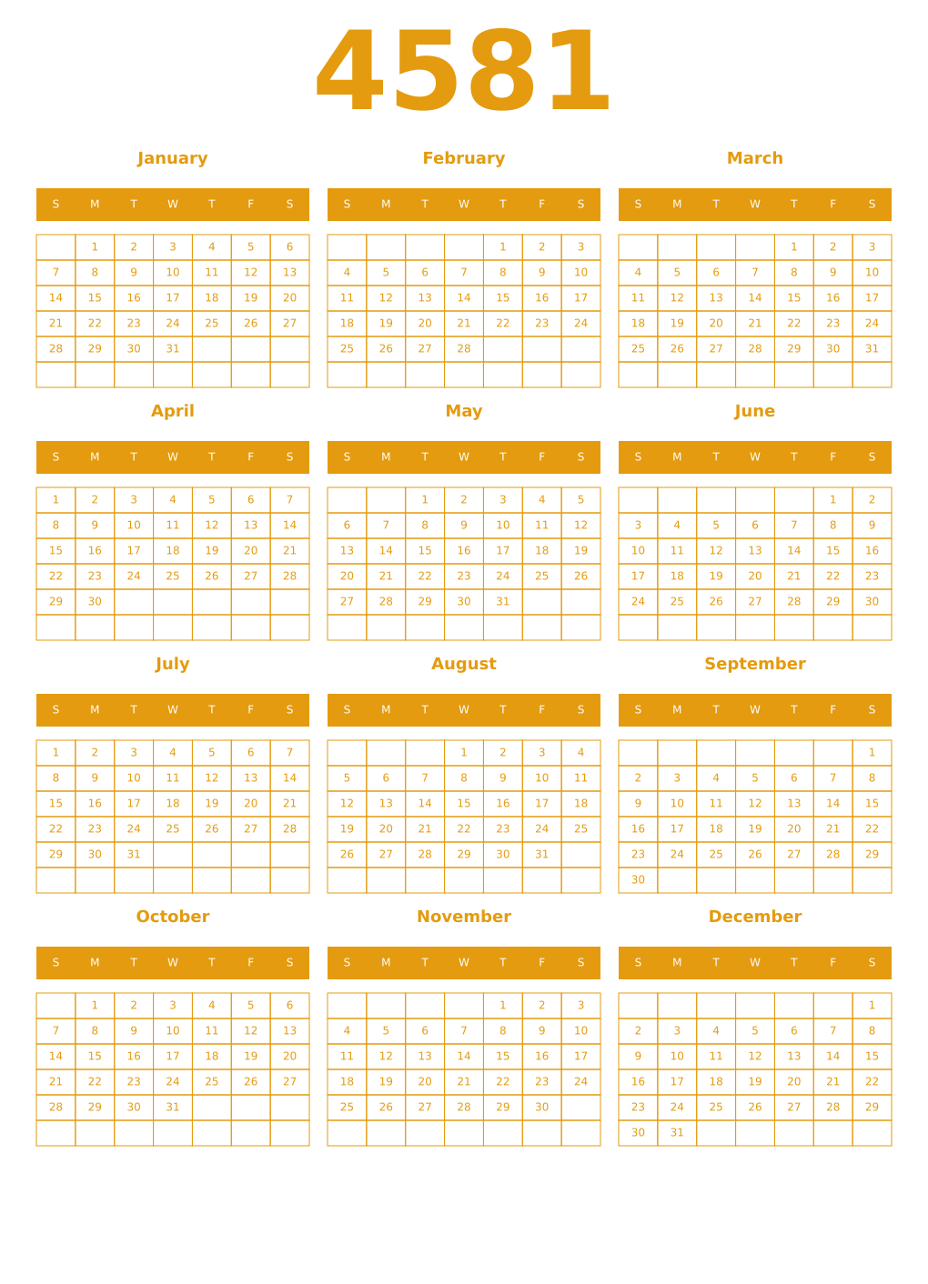 Printable 4581 Year Calendars gamboge