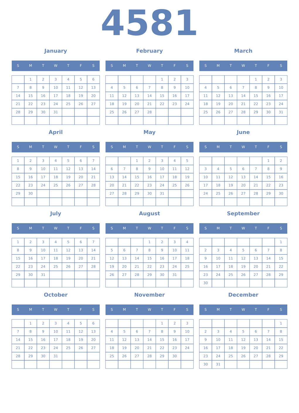 Printable 4581 Year Calendars glaucous