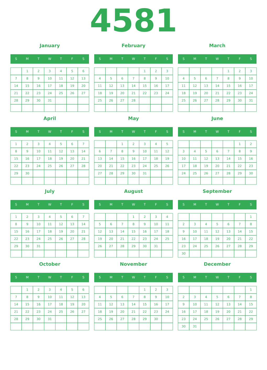 Printable 4581 Year Calendars green