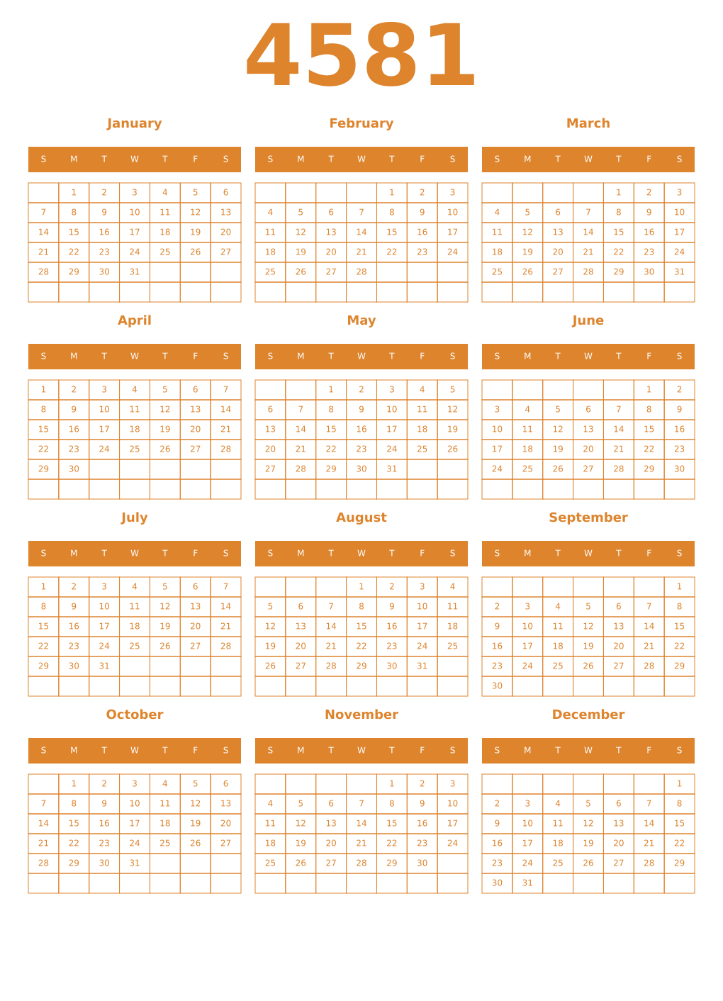 Printable 4581 Year Calendars orange