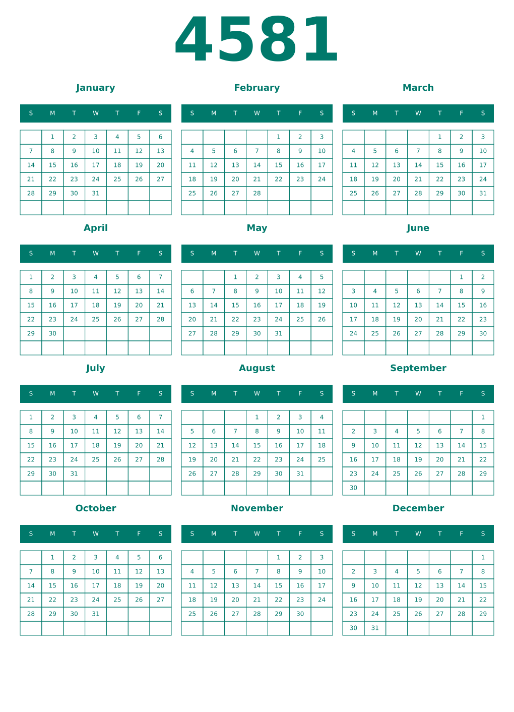 Printable 4581 Year Calendars pastel