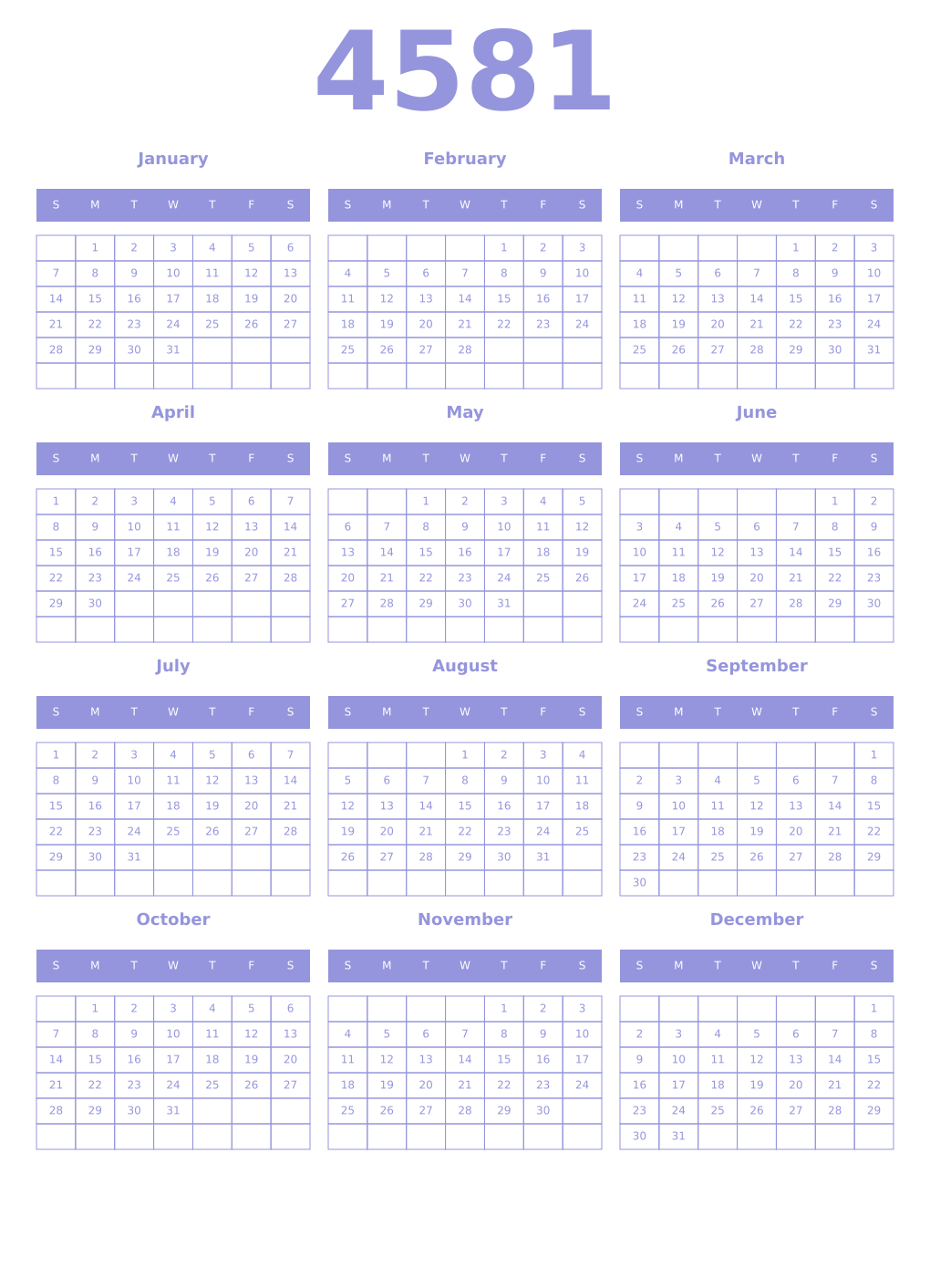 Printable 4581 Year Calendars periwinkle