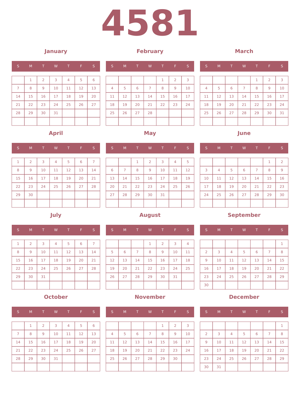 Printable 4581 Year Calendars puce