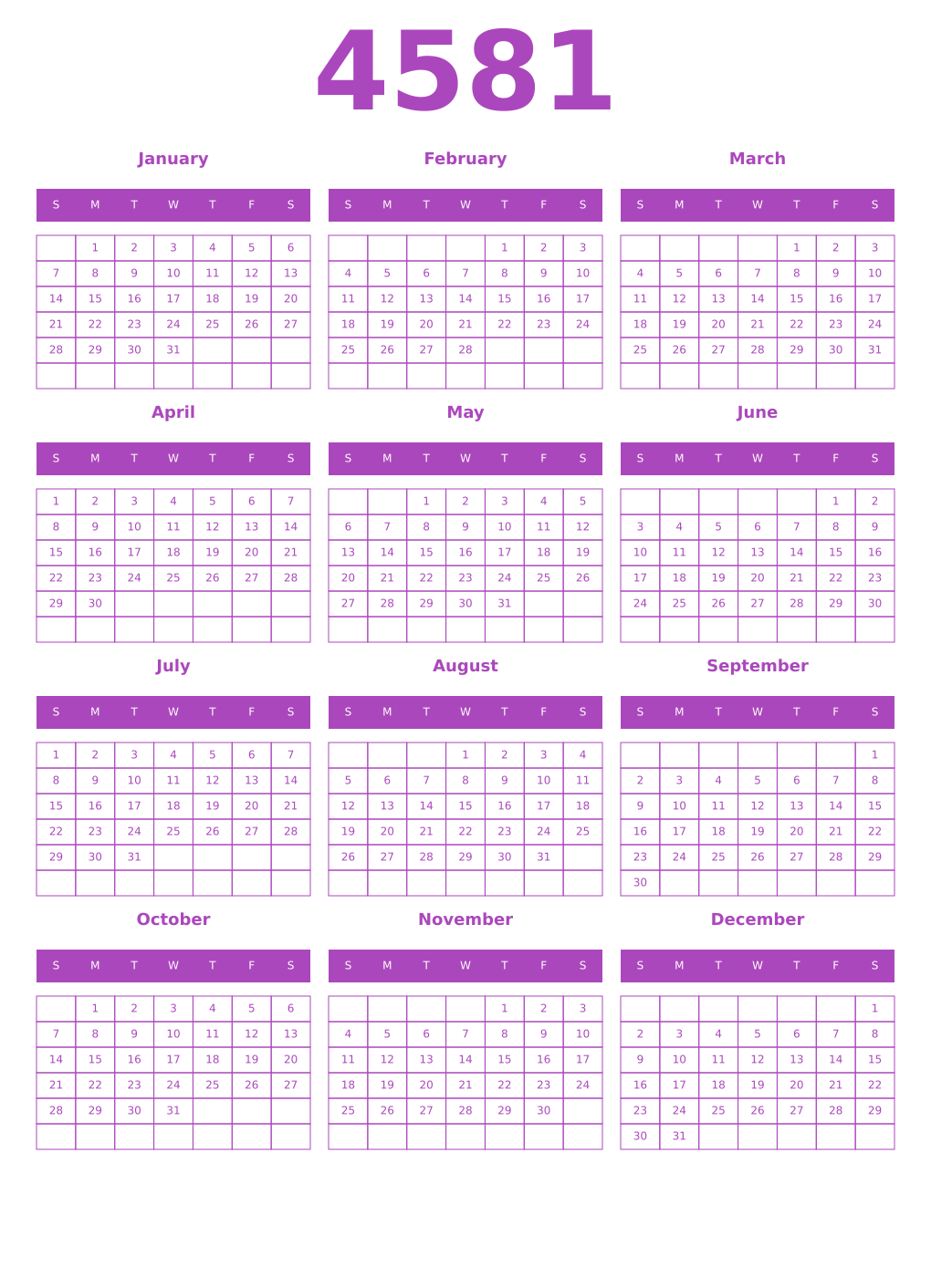 Printable 4581 Year Calendars purple