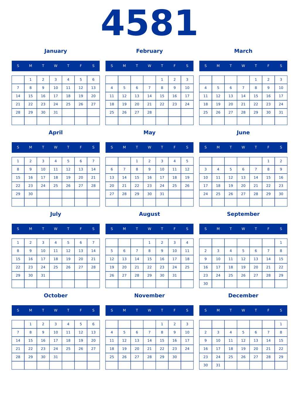 Printable 4581 Year Calendars smalt