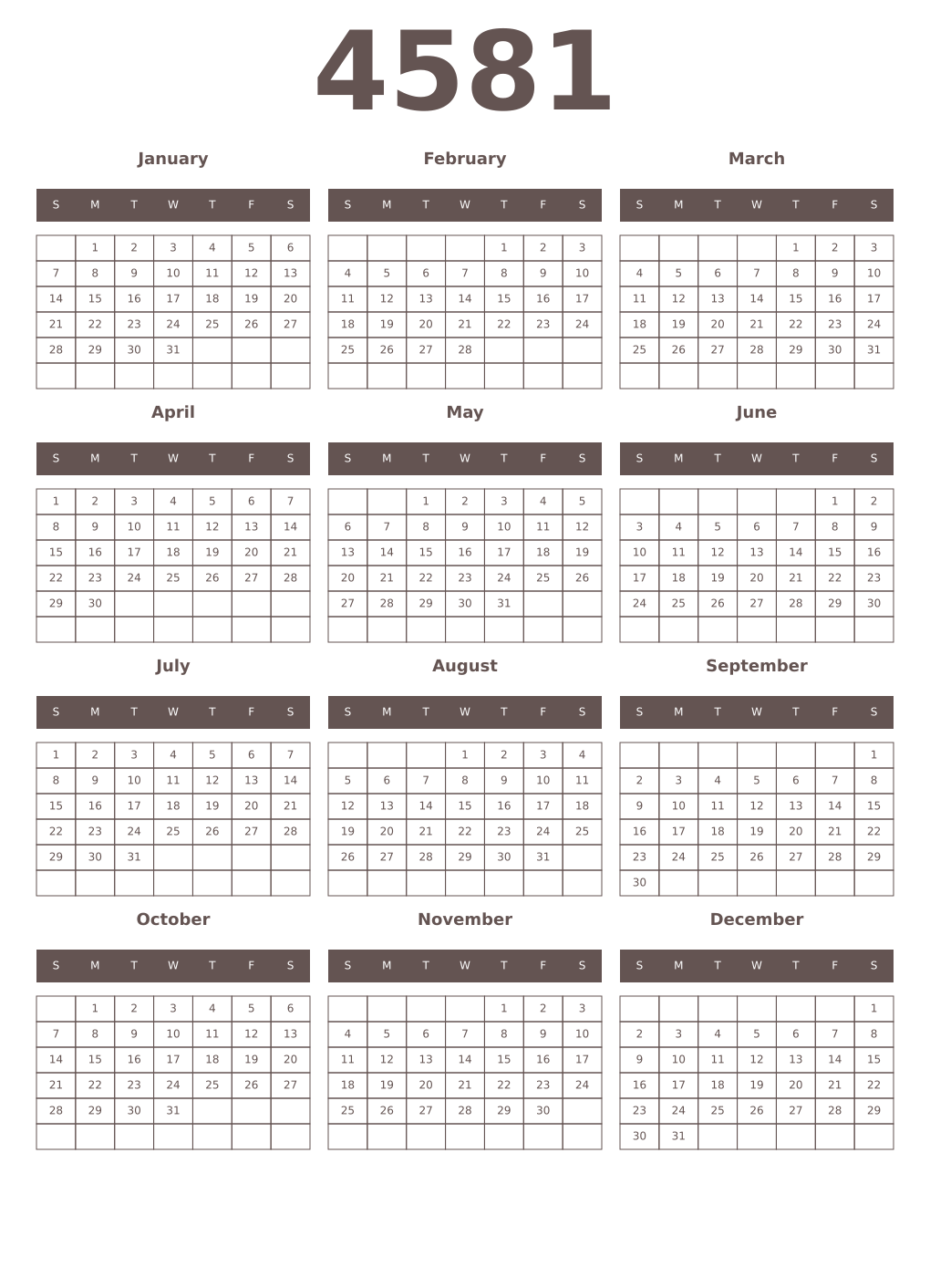 Printable 4581 Year Calendars wenge