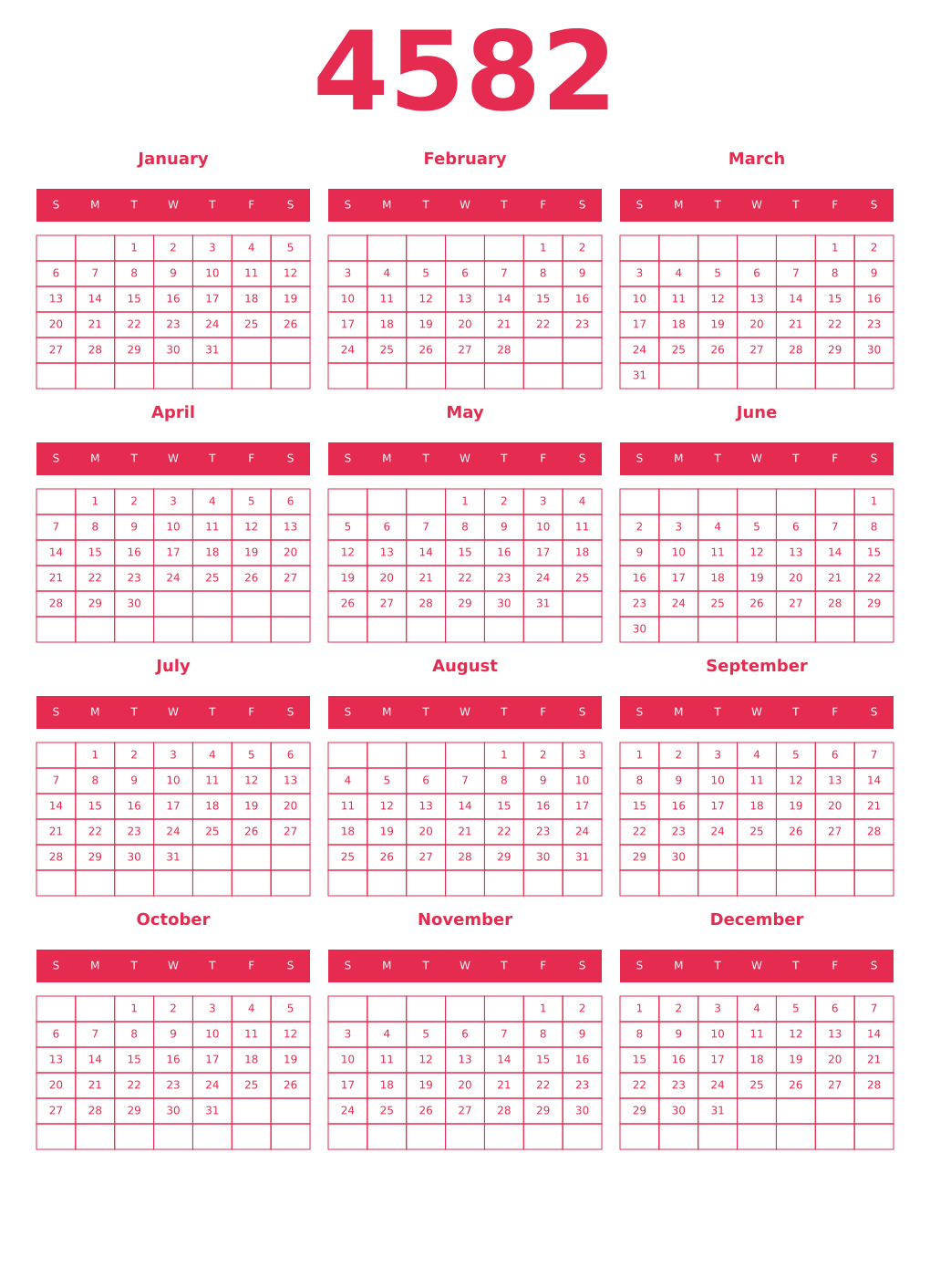 Printable 4582 Year Calendars amaranth