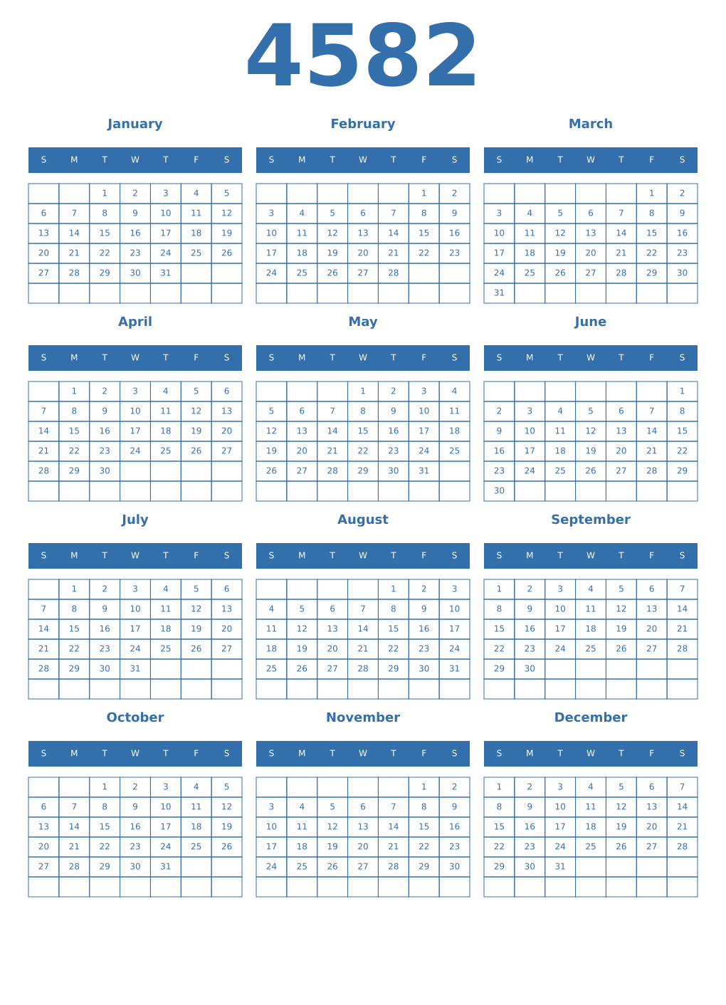 Printable 4582 Year Calendars blue