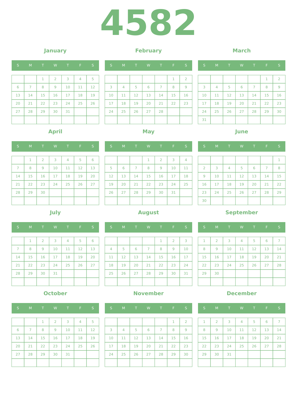 Printable 4582 Year Calendars celadon