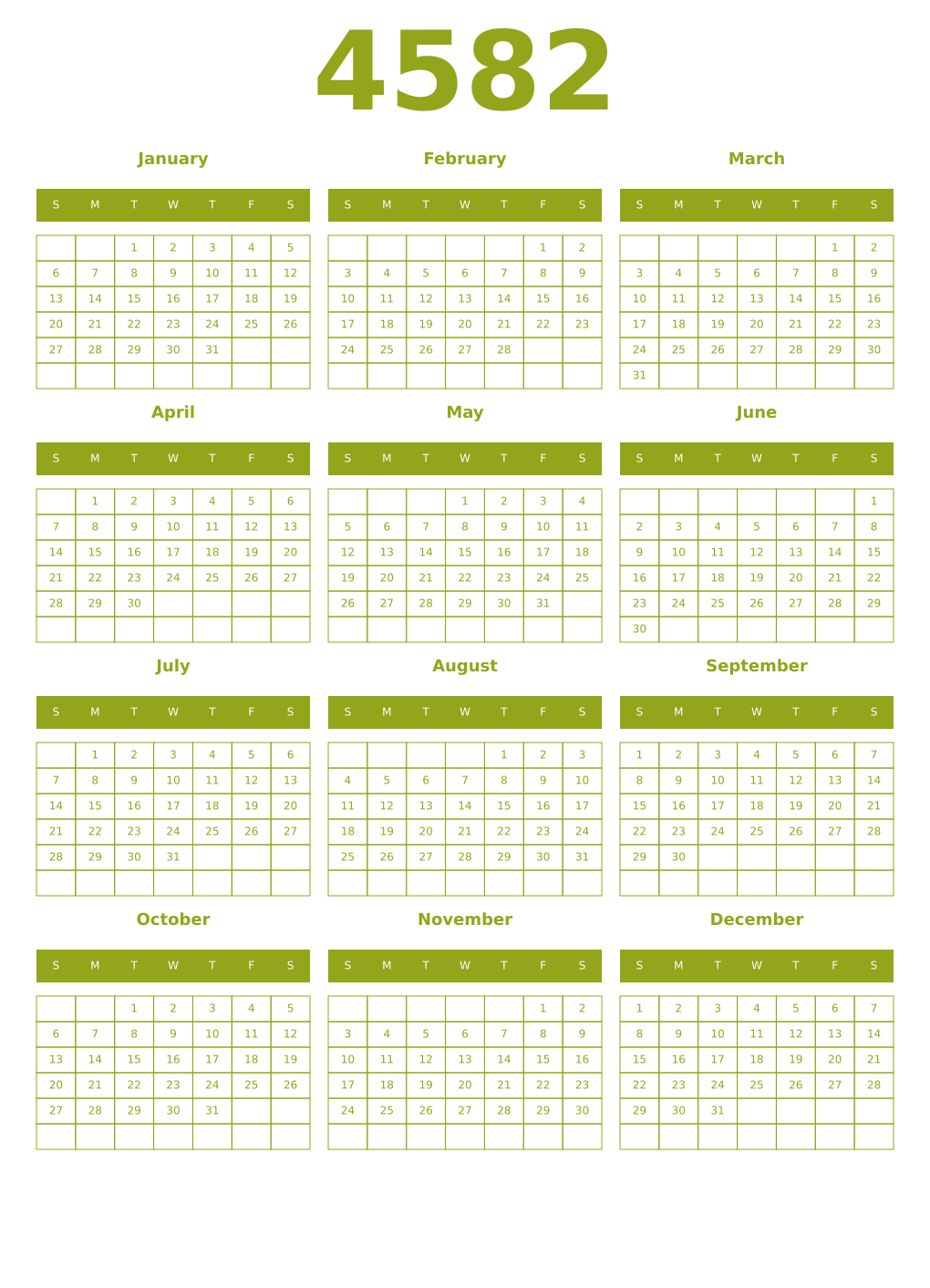 Printable 4582 Year Calendars chartreuse