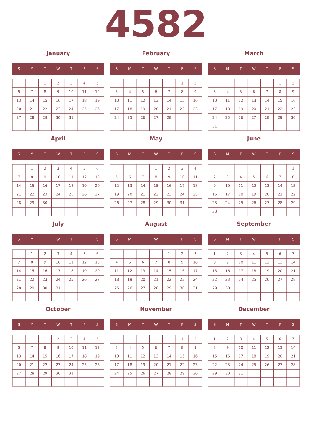Printable 4582 Year Calendars cordovan