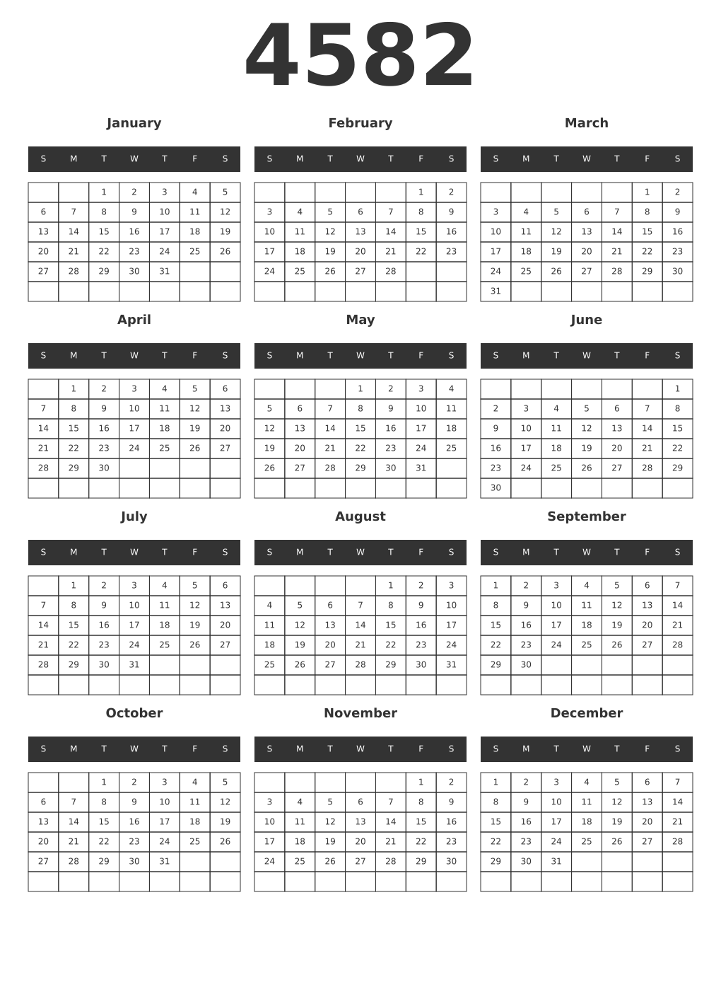 Printable 4582 Year Calendars dark