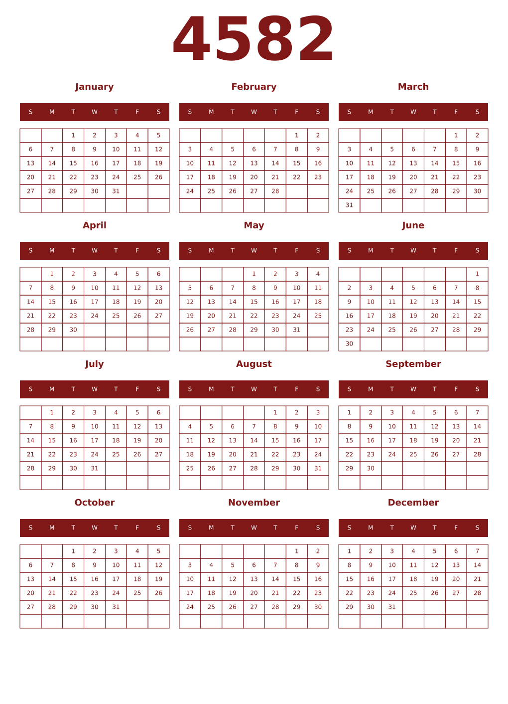 Printable 4582 Year Calendars falu