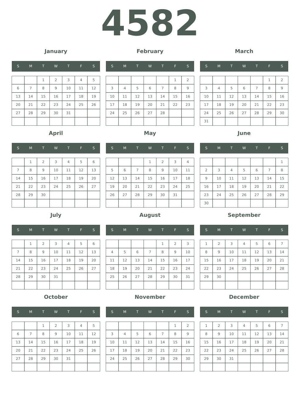 Printable 4582 Year Calendars feldgrau