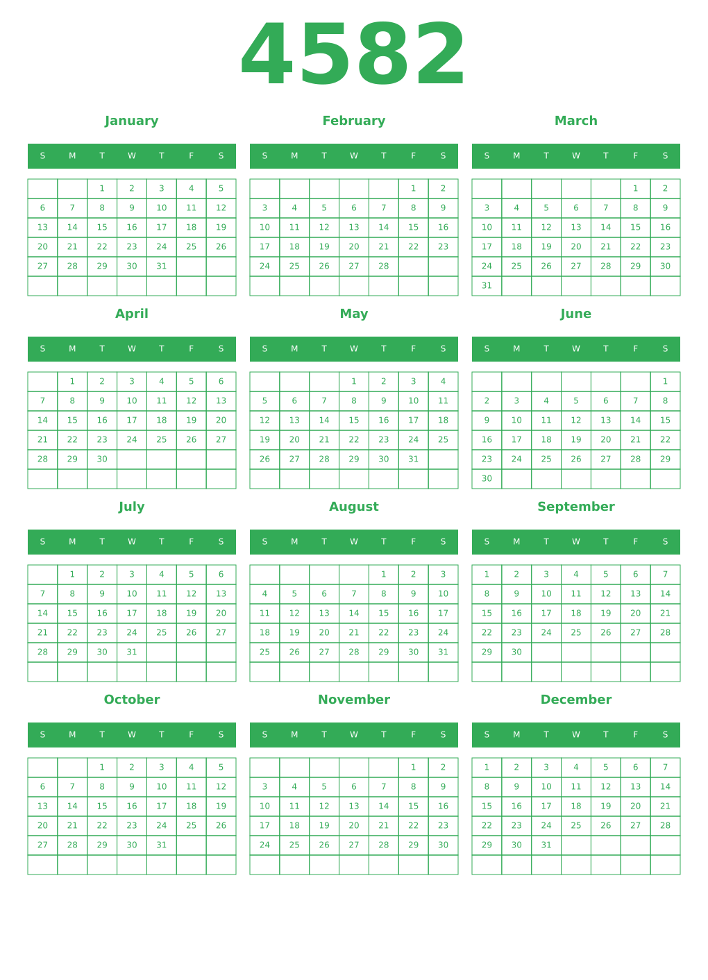 Printable 4582 Year Calendars green