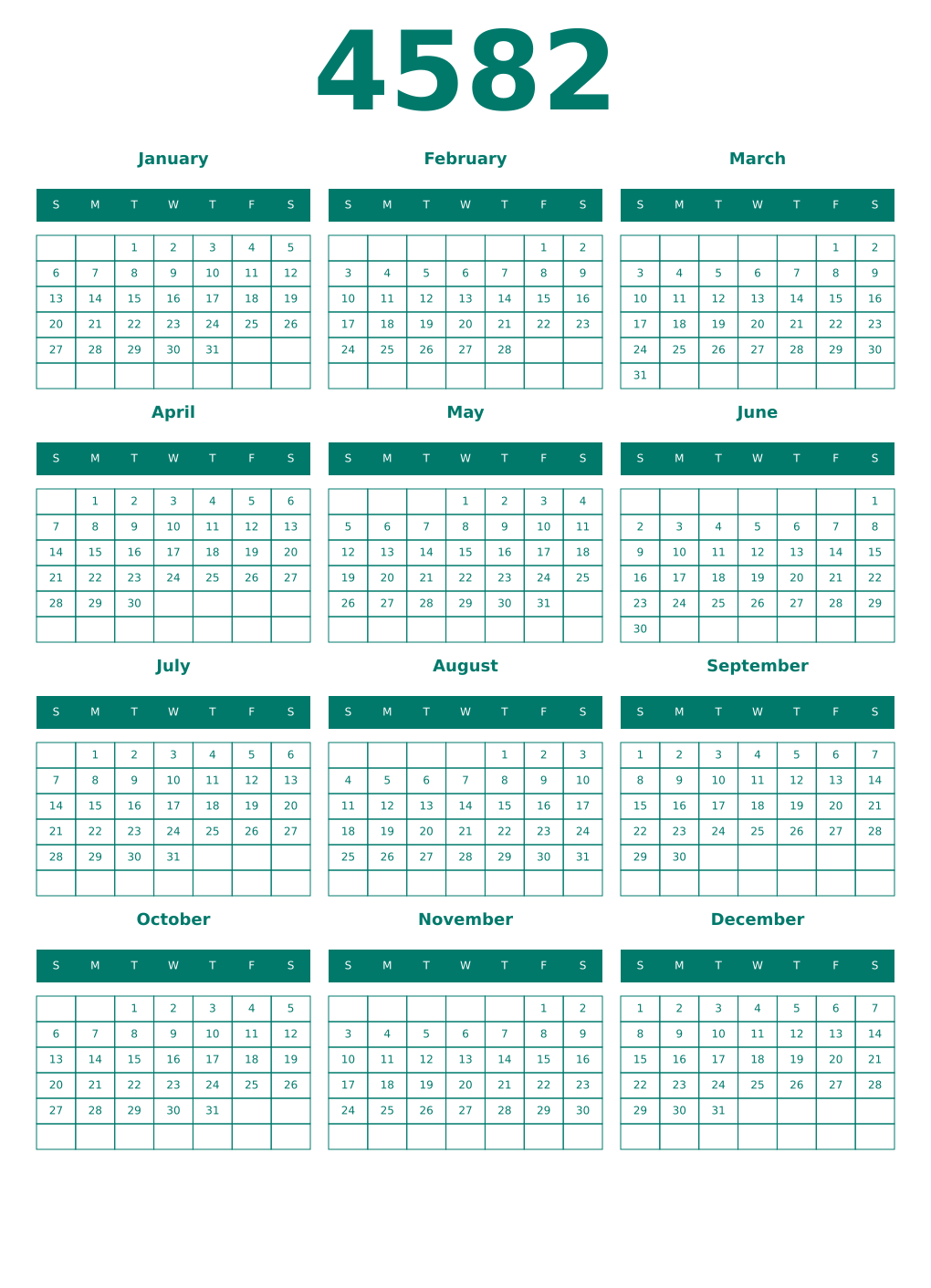 Printable 4582 Year Calendars pastel