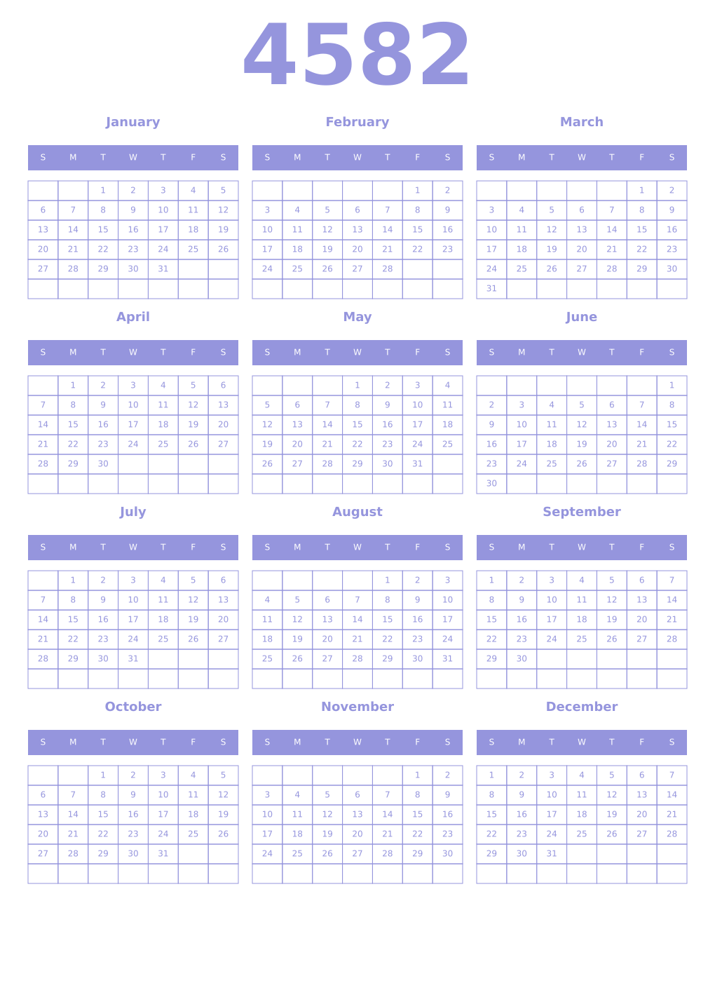 Printable 4582 Year Calendars periwinkle