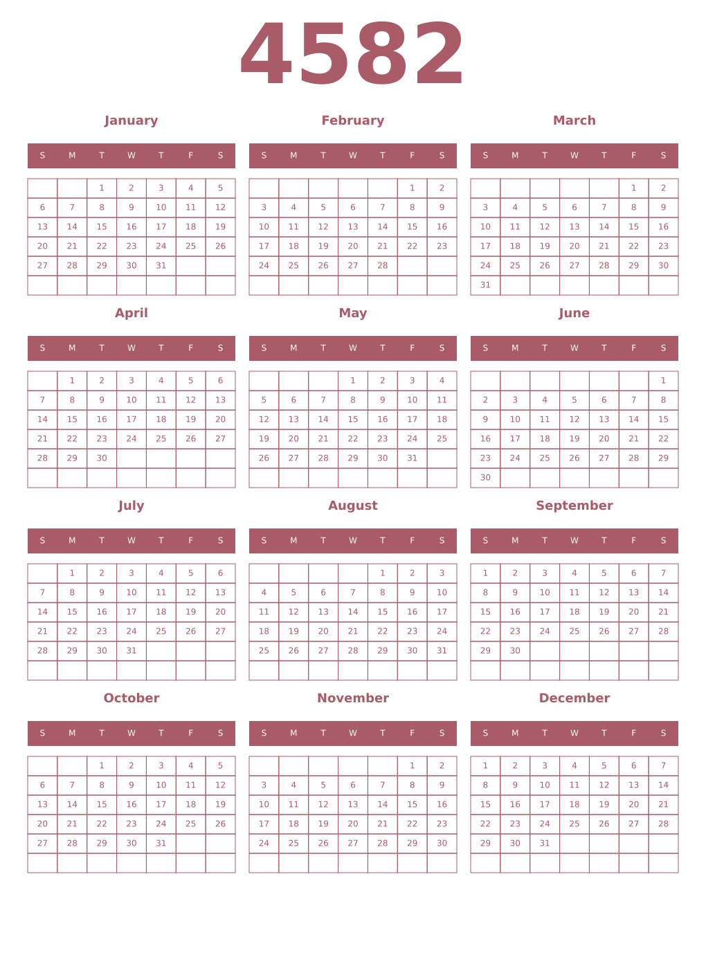 Printable 4582 Year Calendars puce