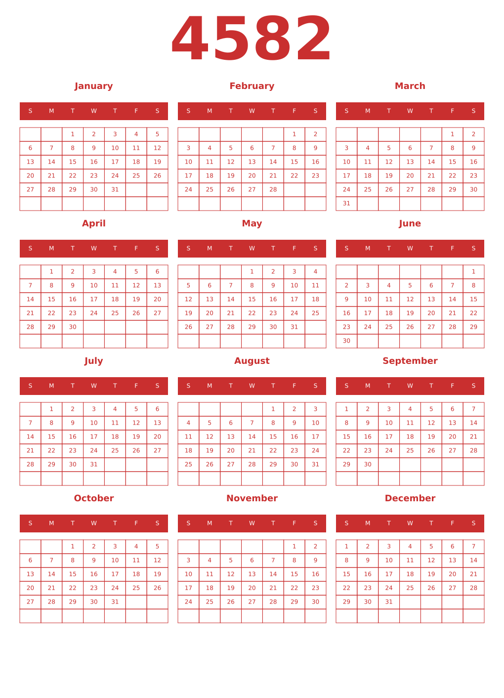 Printable 4582 Year Calendars red