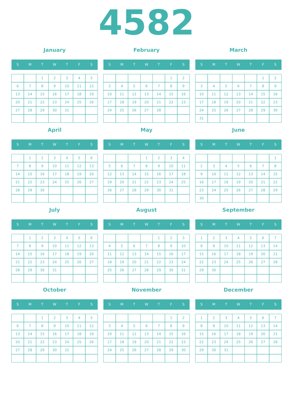 Printable 4582 Year Calendars verdigris
