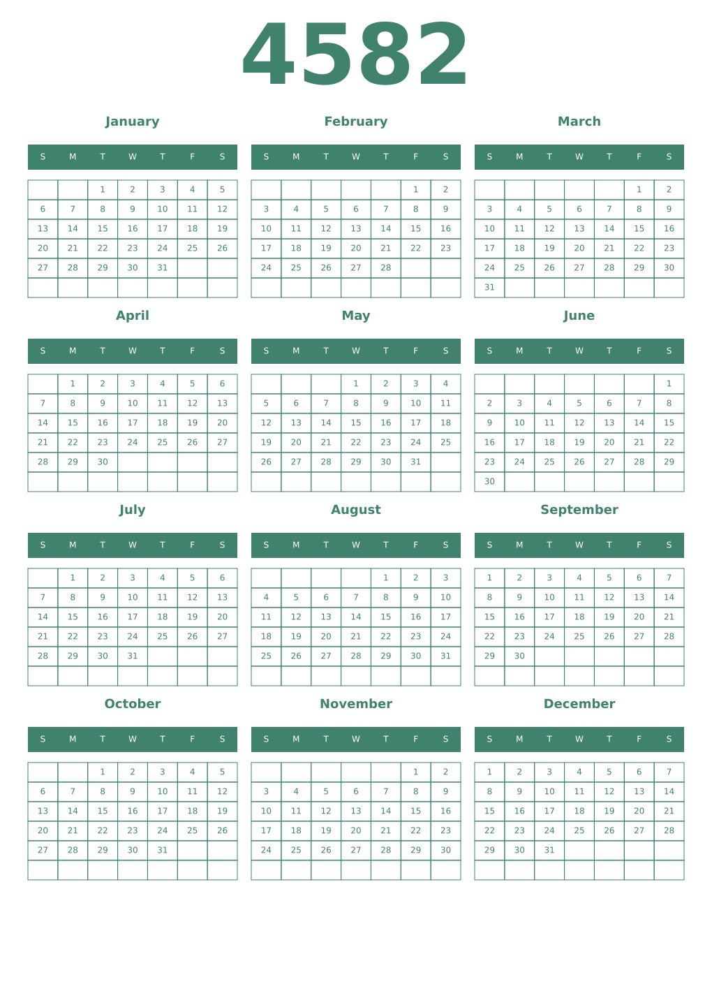 Printable 4582 Year Calendars viridian
