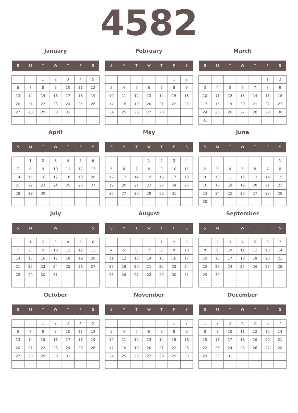 Printable 4582 Year Calendars wenge