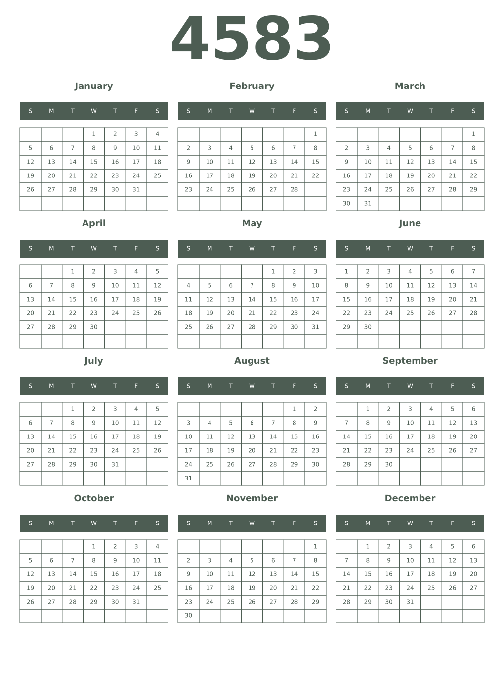 Printable 4583 Year Calendars feldgrau