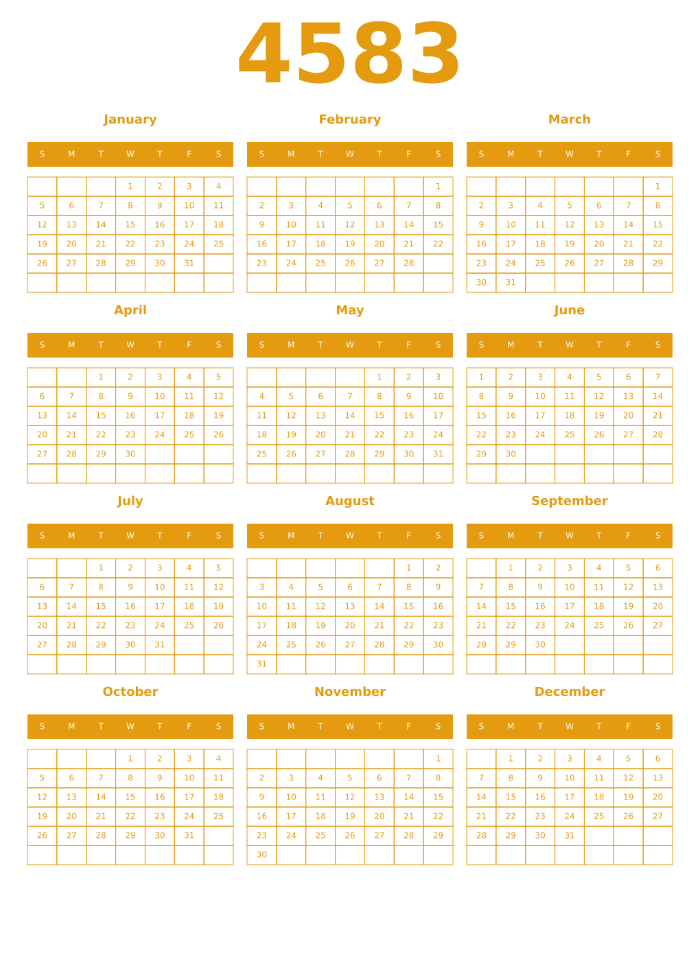 Printable 4583 Year Calendars gamboge