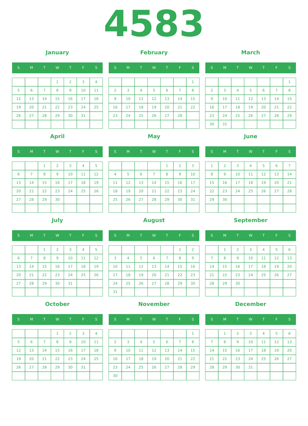 Printable 4583 Year Calendars green