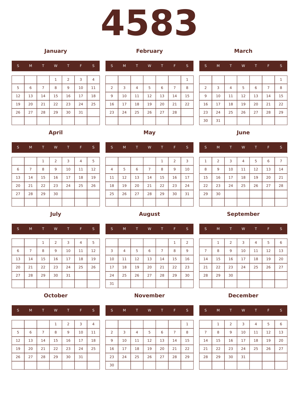 Printable 4583 Year Calendars mortuum