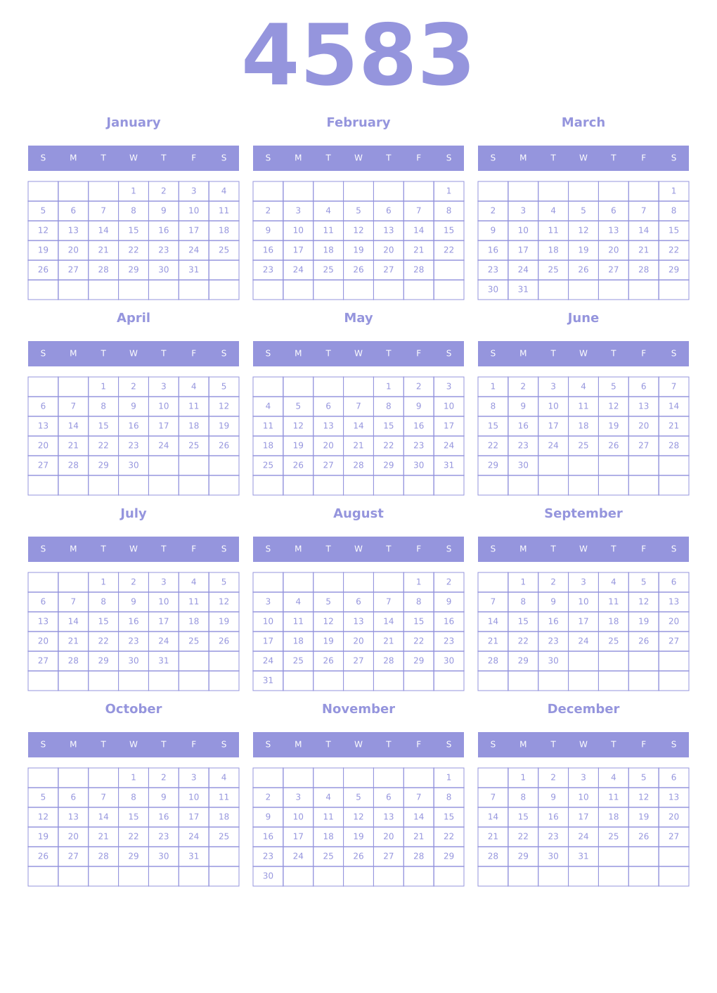 Printable 4583 Year Calendars periwinkle