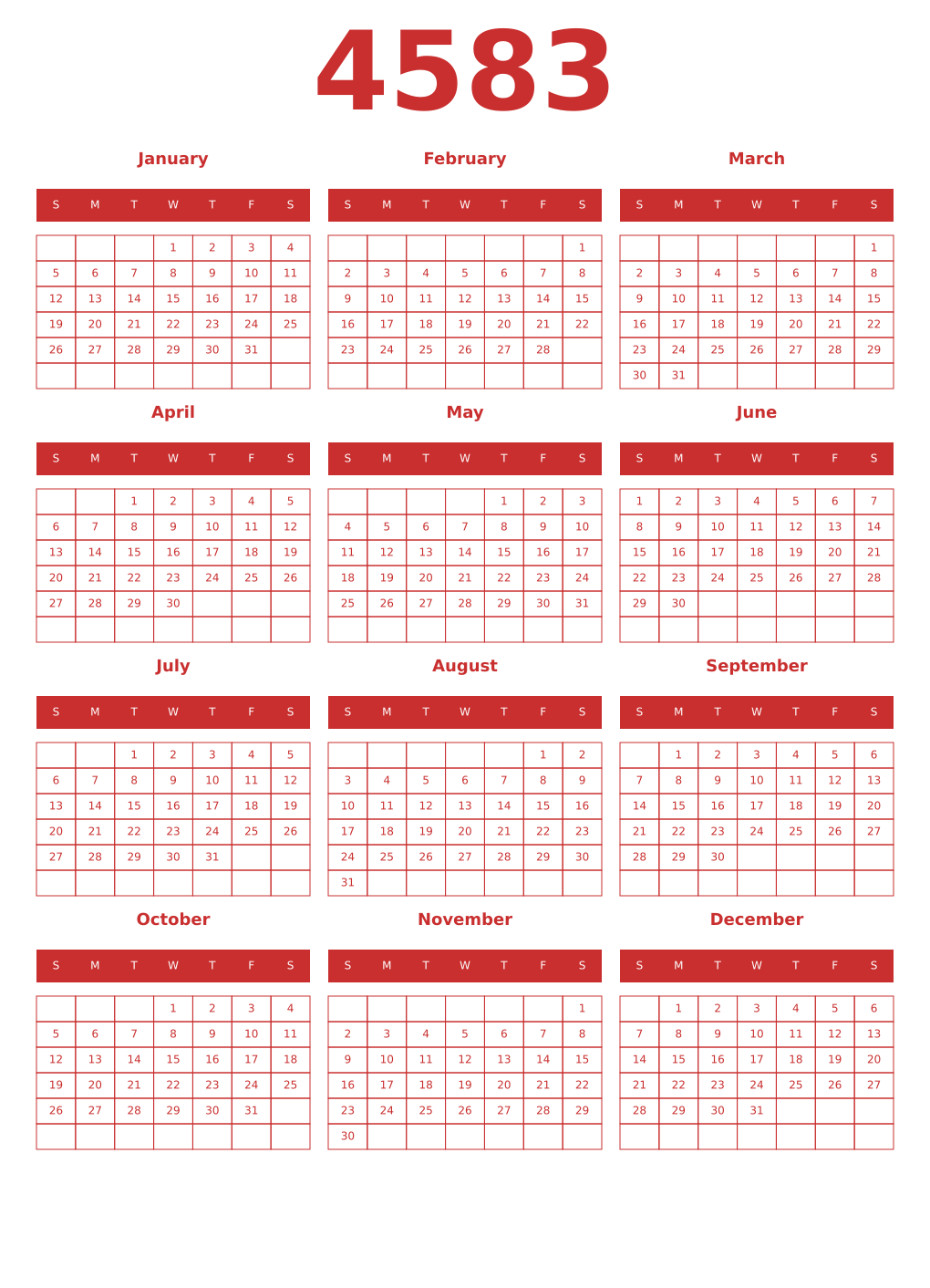 Printable 4583 Year Calendars red