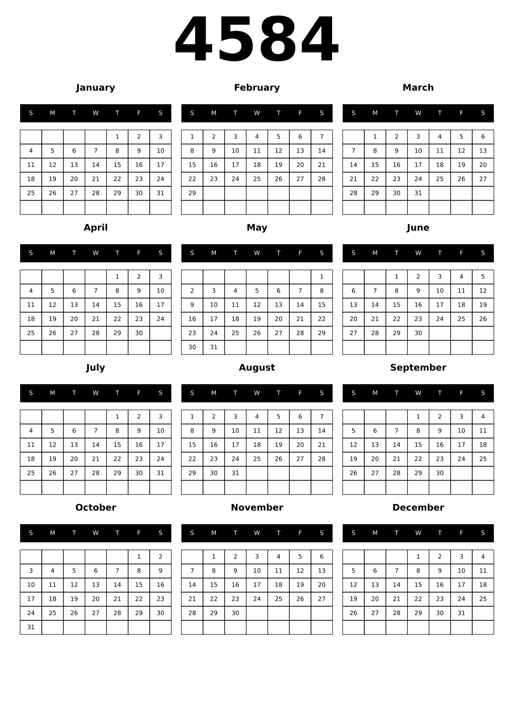 Printable 4584 Year Calendars black