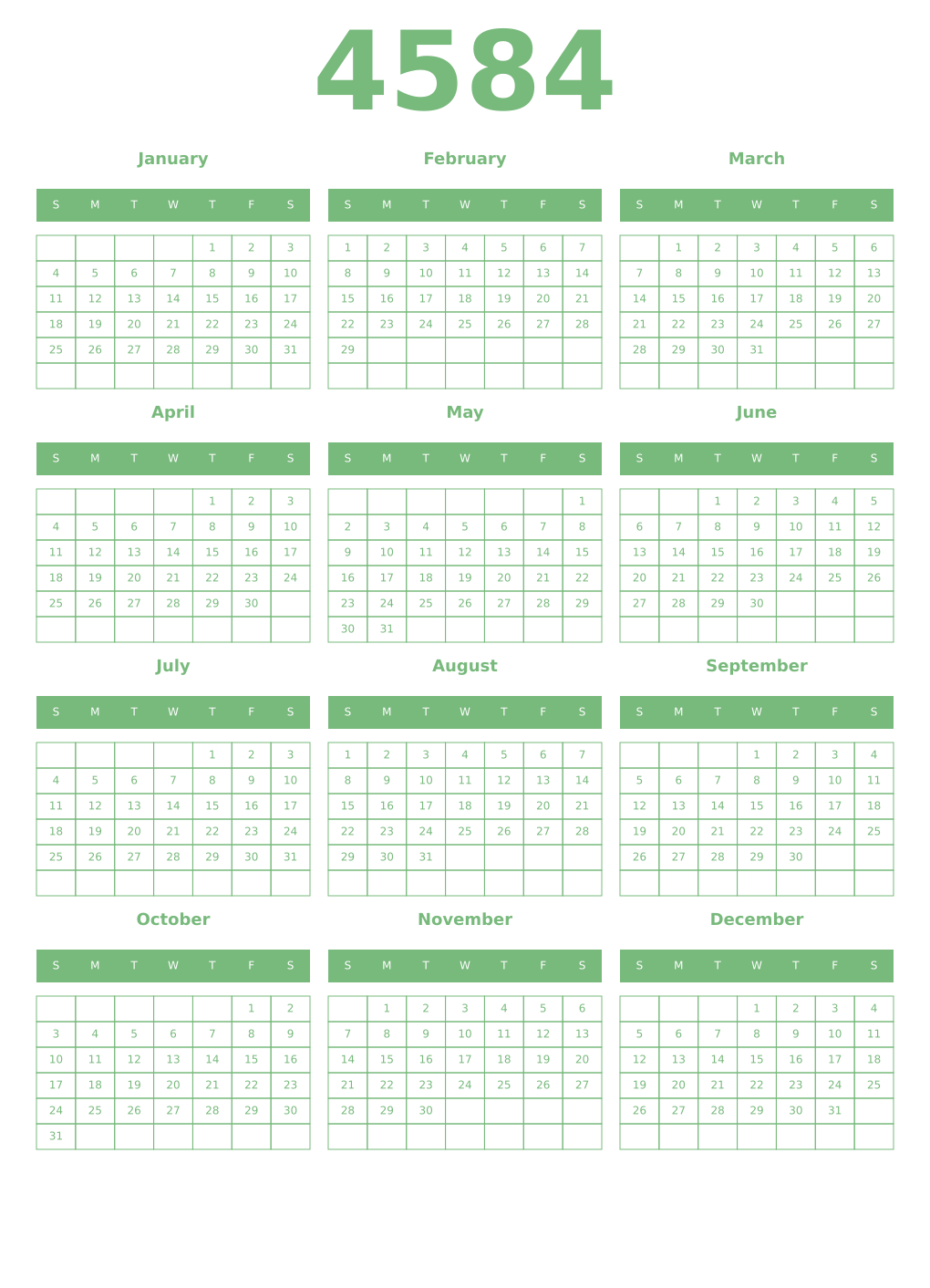 Printable 4584 Year Calendars celadon