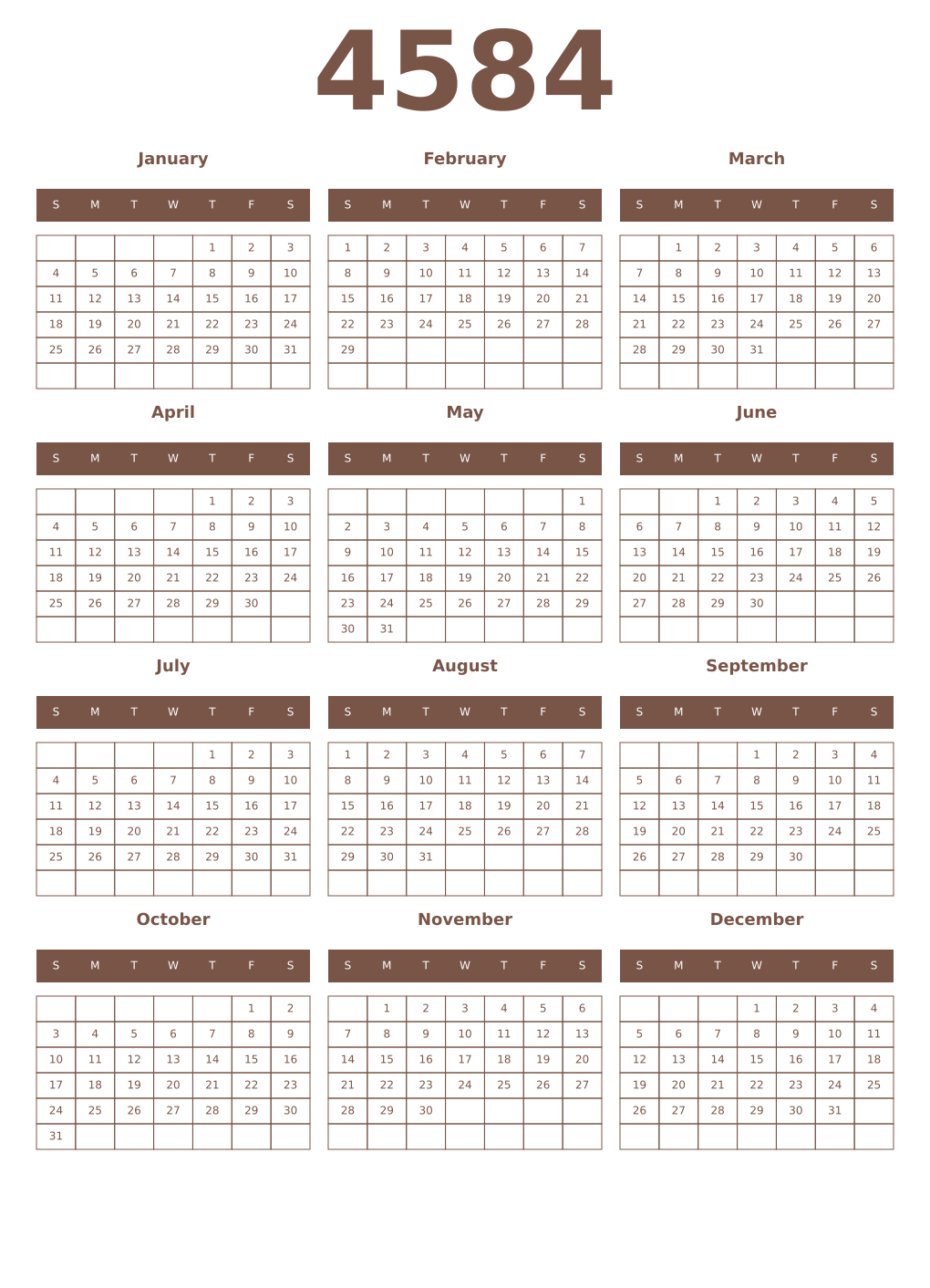 Printable 4584 Year Calendars coffe