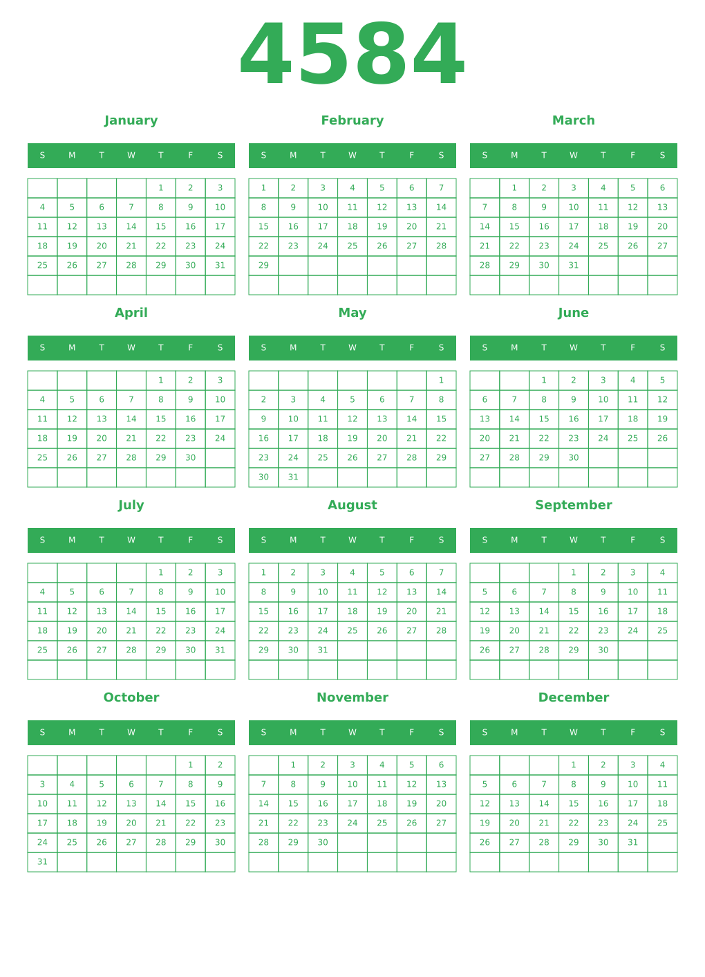 Printable 4584 Year Calendars green