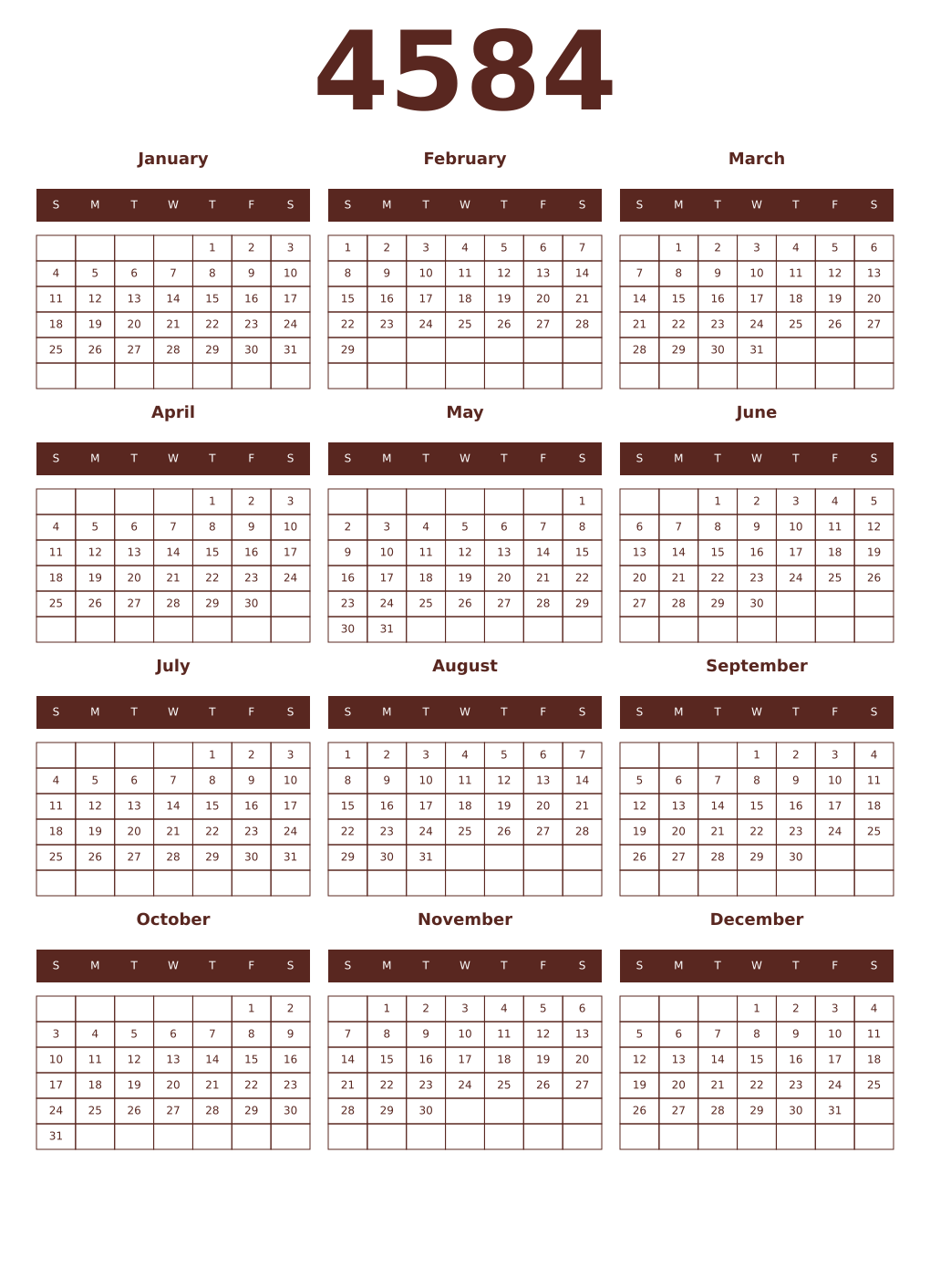 Printable 4584 Year Calendars mortuum