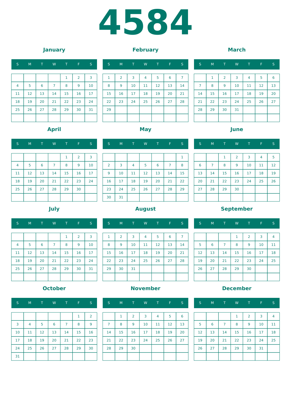 Printable 4584 Year Calendars pastel