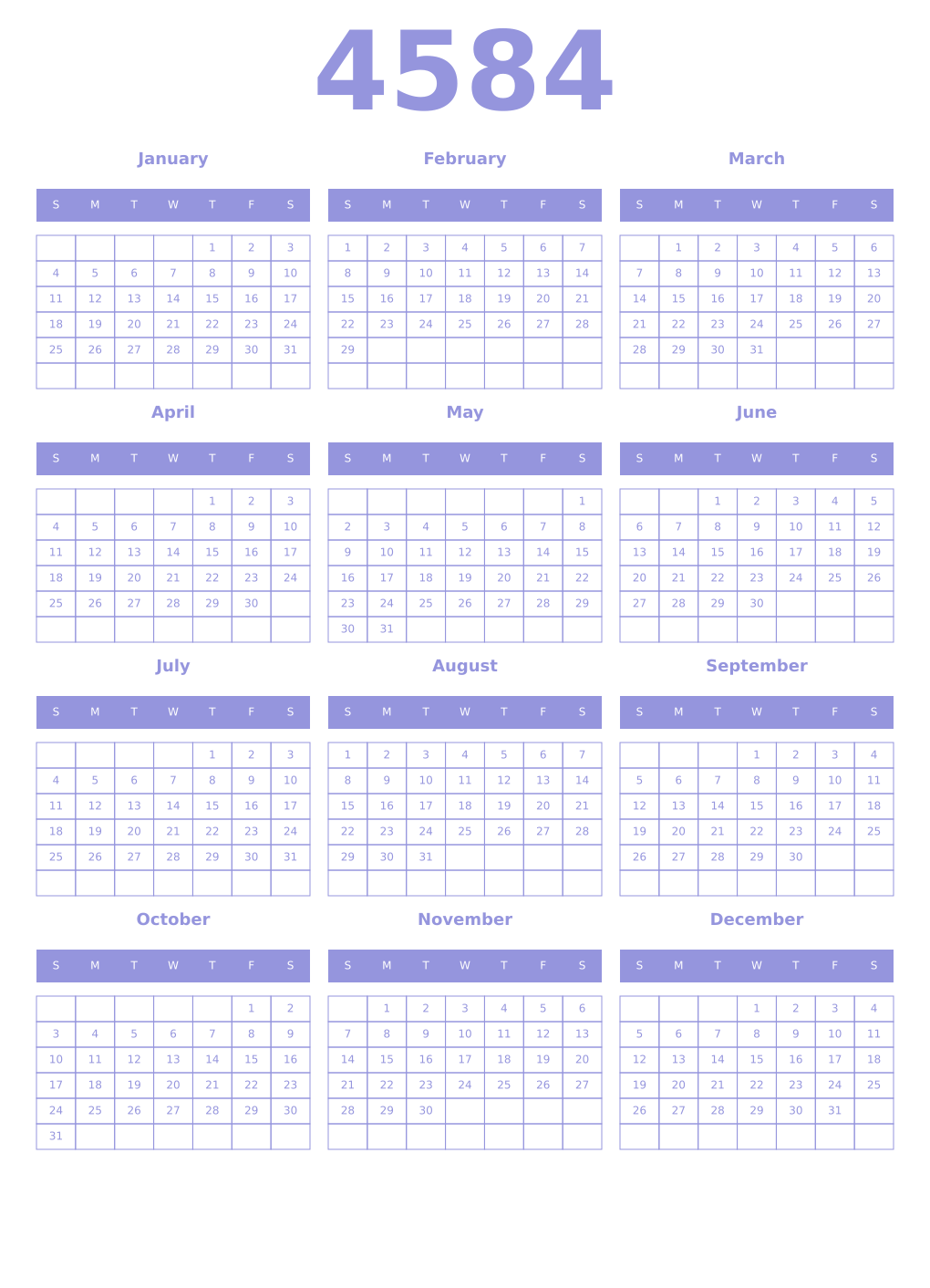 Printable 4584 Year Calendars periwinkle