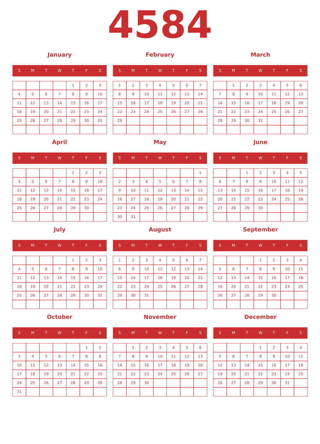 Printable 4584 Year Calendars red