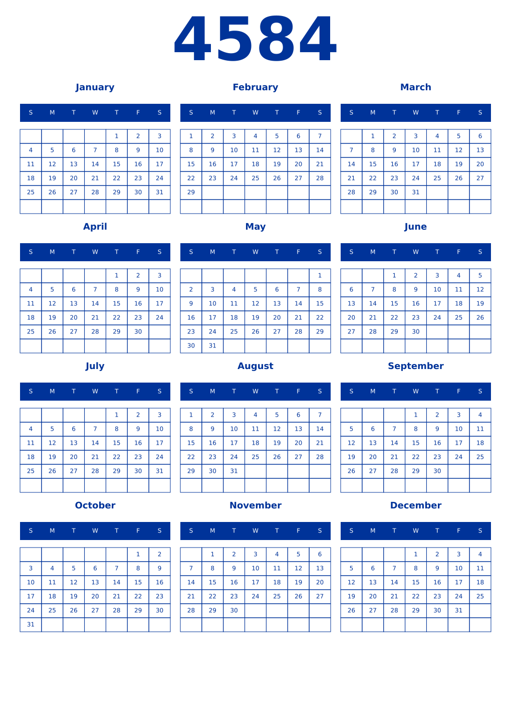 Printable 4584 Year Calendars smalt