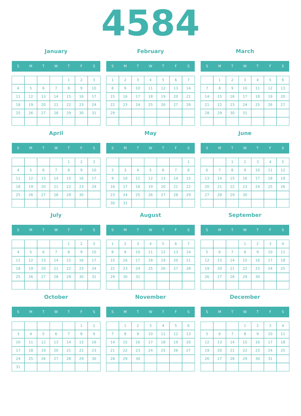 Printable 4584 Year Calendars verdigris