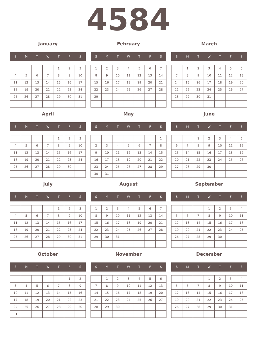 Printable 4584 Year Calendars wenge