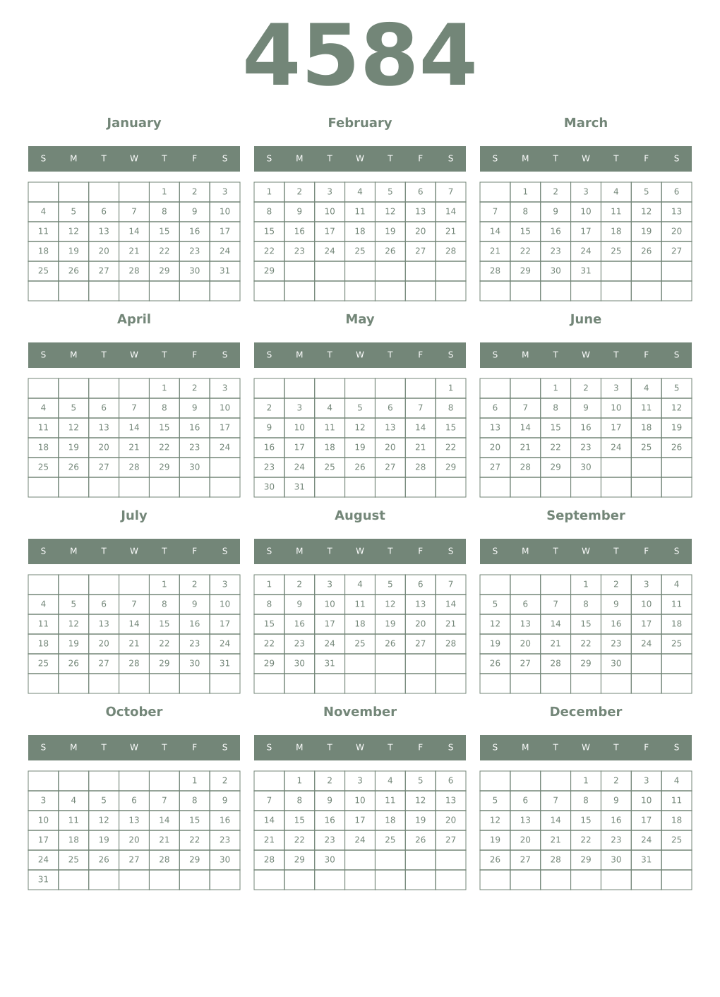 Printable 4584 Year Calendars xanadu